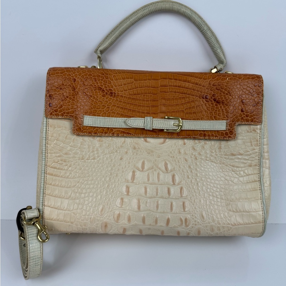 RARE VINTAGE Brahmin Brown and Cream Crocodile Embossed Satchel